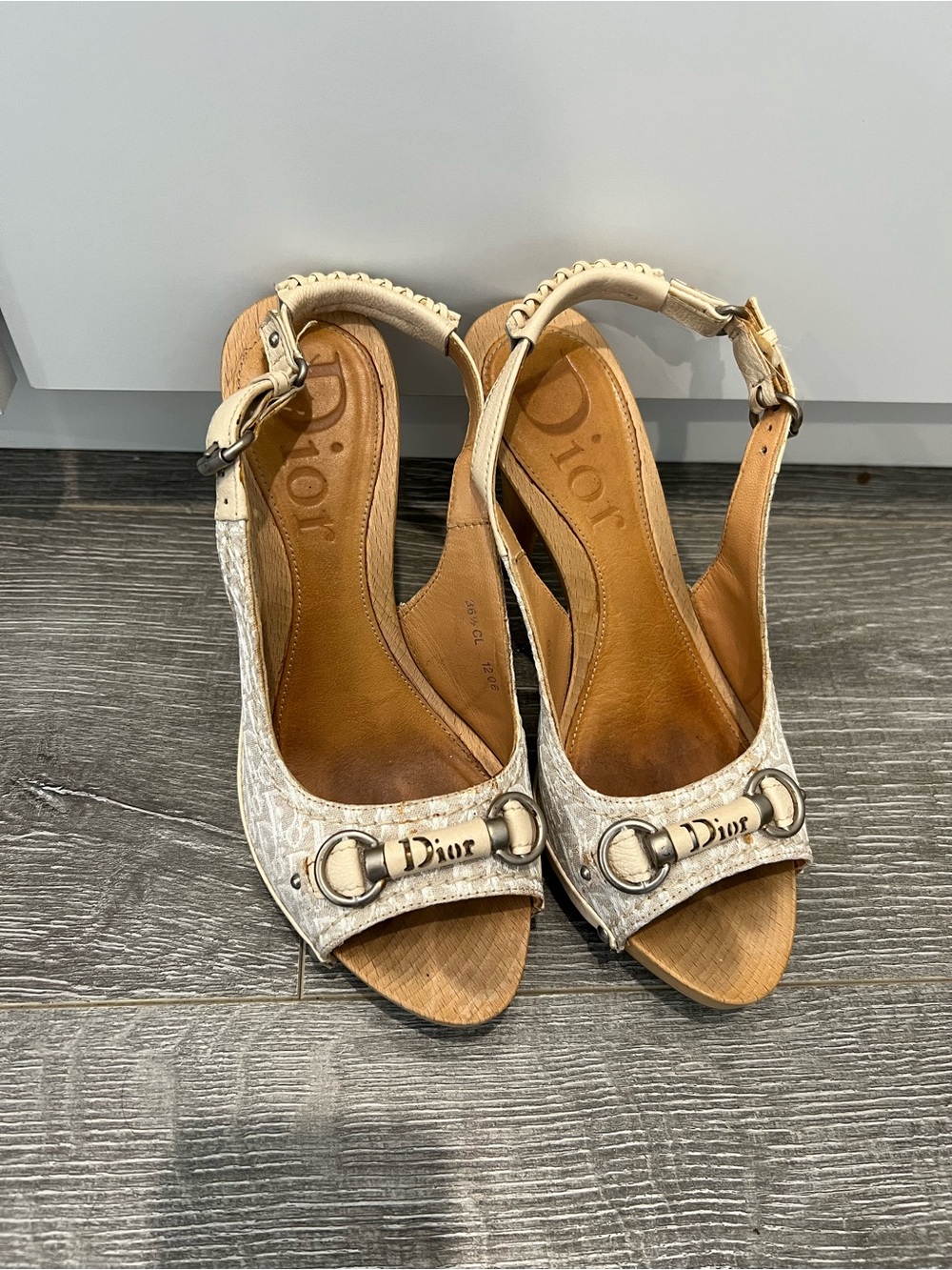 Dior Women's Beige Canvas Logo Slingback Wedge Sandals